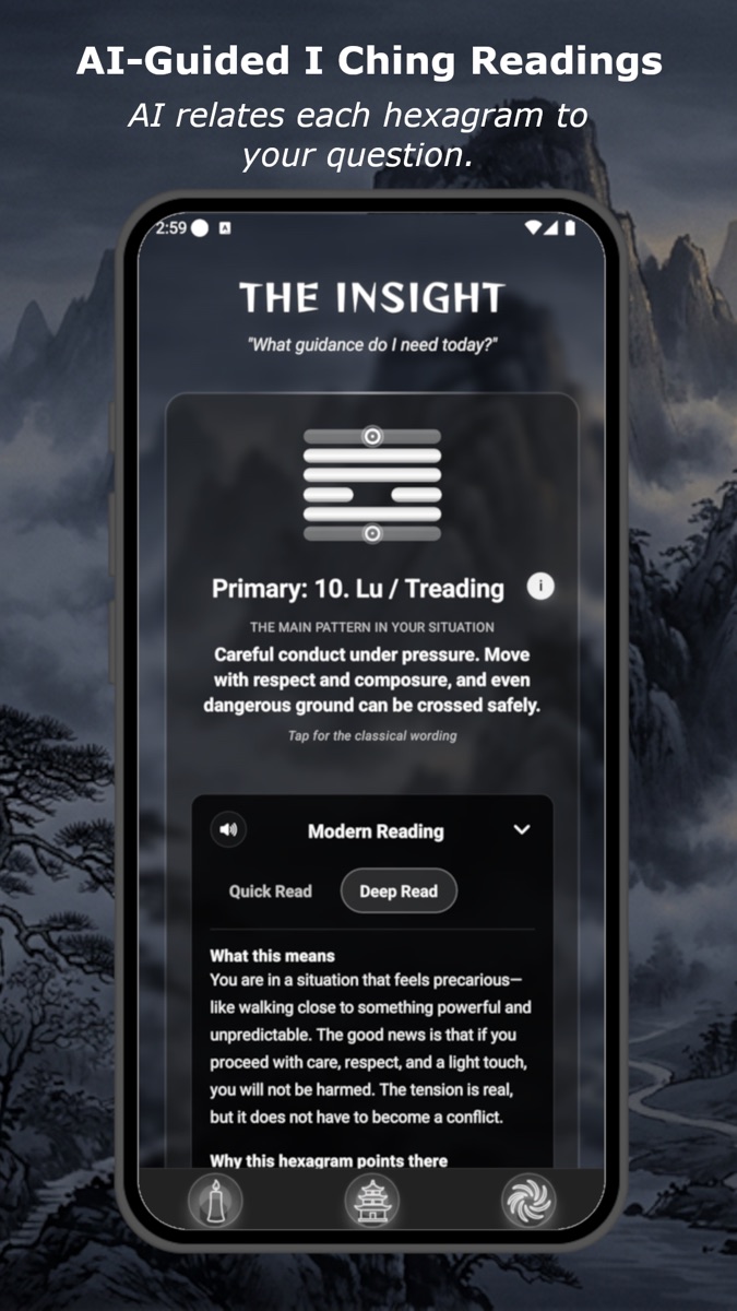 AI-guided I Ching reading screen showing hexagram insight and modern reading text.