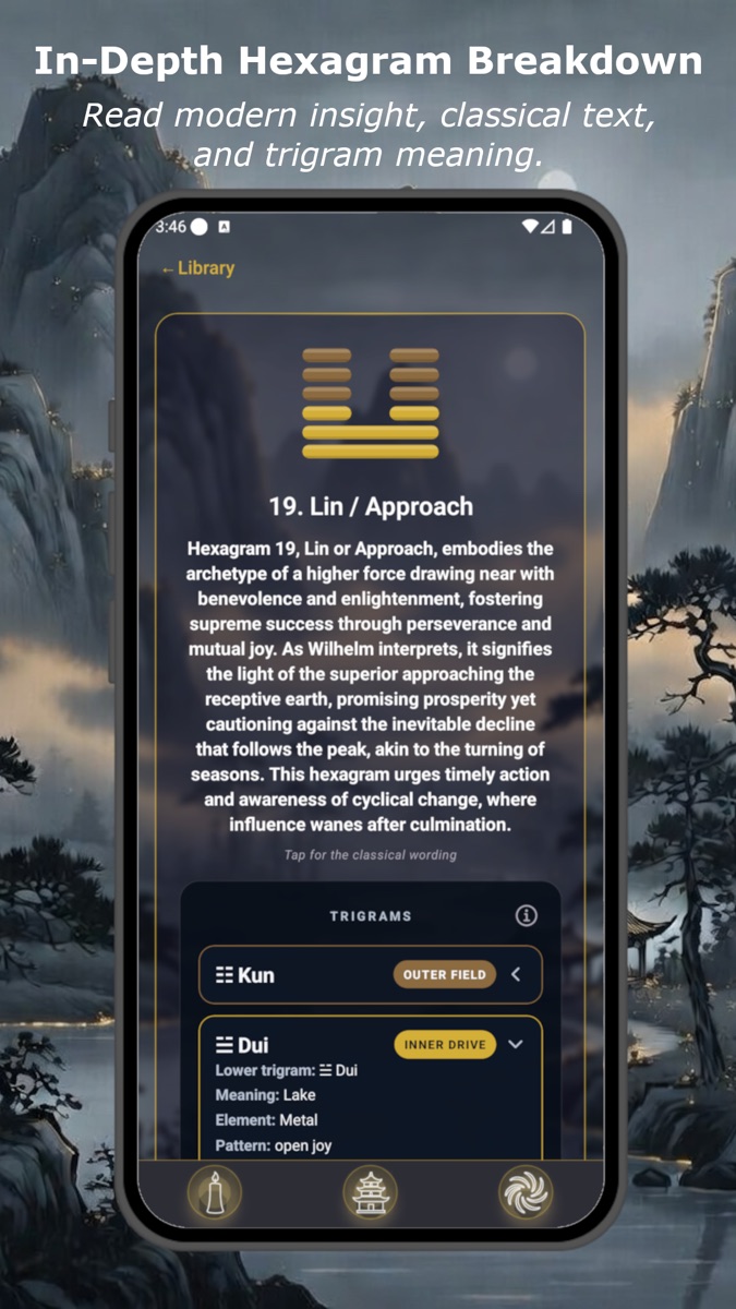 Hexagram detail screen with modern insight, classical text, and trigram information.
