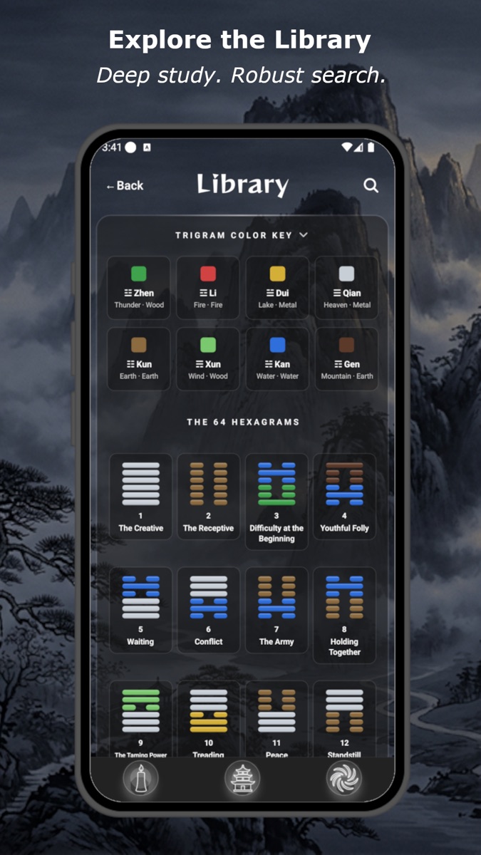 Hexagram library screen with trigram color key and grid of hexagram cards.