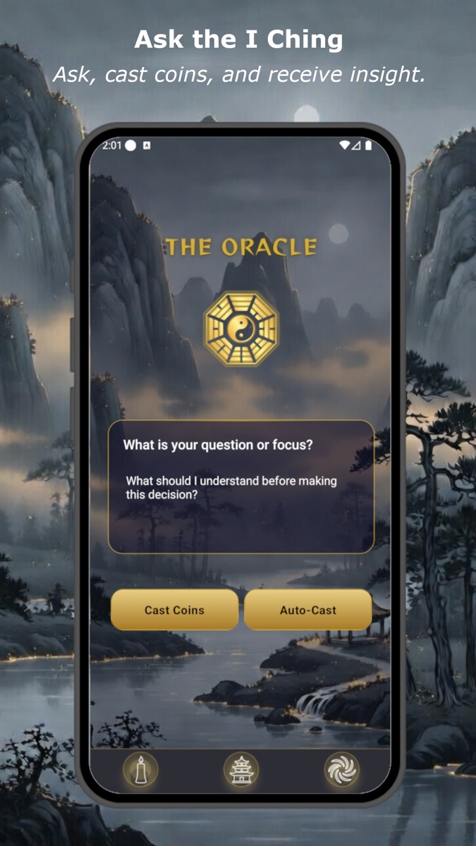 Question screen for asking the I Ching before casting coins.