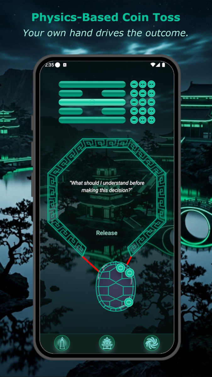 Physics-based coin toss screen with green line progress and coin markers.